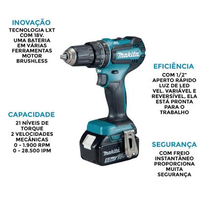 Imagem de Parafusadeira Furadeira de Impacto Makita 18V, 50Nm, com 2 Baterias 3,0Ah, Carregador, Maleta e Kit Bits 18un  Profissional  DHP485RF1J
