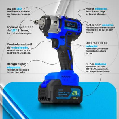 Imagem de Parafusadeira Furadeira de Impacto Pneumática com 2 Baterias de Lítio 48V Potente Resistente Ergonômica com Jogo Soquete 46 Peças