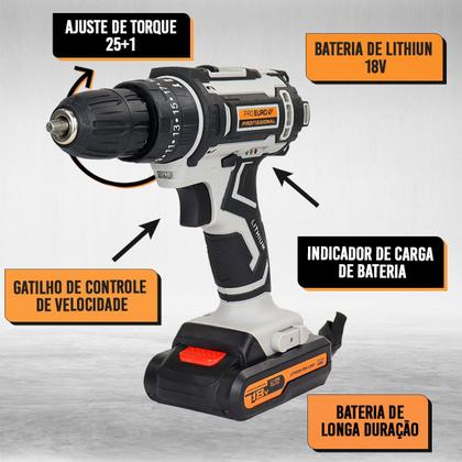 Imagem de Parafusadeira Furadeira de Impacto Profissional 18V, A Bateria Sem Fio, Com Acessórios
