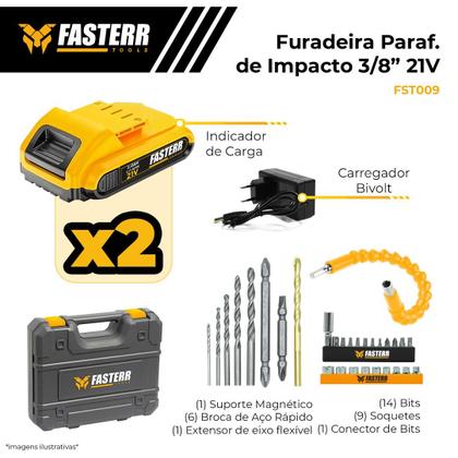 Imagem de Parafusadeira Furadeira De Impacto Profissional 21v Modelo FST009 2 Baterias Com Maleta e Acessórios