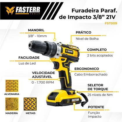 Imagem de Parafusadeira Furadeira De Impacto Profissional 21v Modelo FST009 2 Baterias Com Maleta e Acessórios