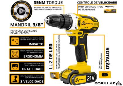 Imagem de Parafusadeira Furadeira De Impacto Sem Fio 2 Bateria 21v 3/8 10mm Com Kit Brocas E Buchas 300 Peças