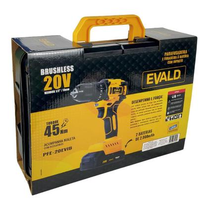 Imagem de Parafusadeira Furadeira Impacto 20V BRUSHLESS com 2 Baterias e Maleta Kit 13 Peças PFE-20EVIB EVALD