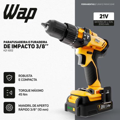 Parafusadeira Furadeira Impacto 21v K21 Wap + Kit 300 Peças