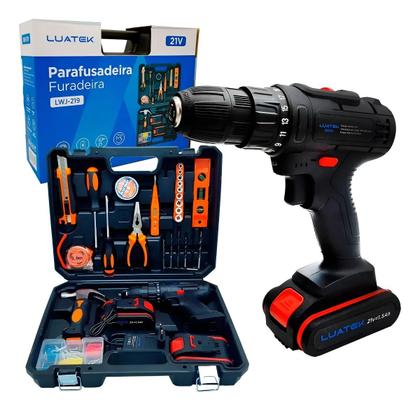 Parafusadeira Furadeira Impacto 21v Kit Ferramentas Maleta Preto