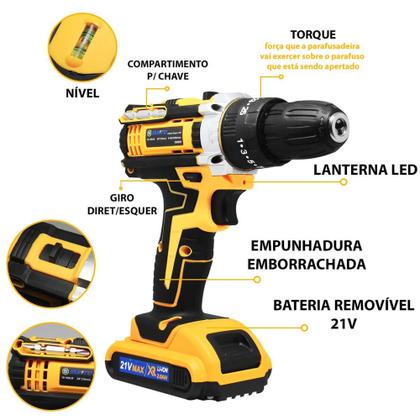 Imagem de Parafusadeira Furadeira Martelete Elétrica 2 Baterias Recarregável Bivolt Portátil + Maleta - DS