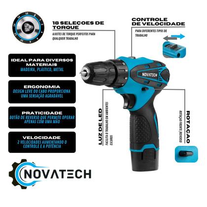 Parafusadeira Furadeira Sem Fio 12v Com Kit 25 Peças - Novatech
