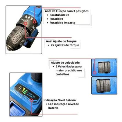 Imagem de Parafusadeira Furadeira Sem Fio 36v 2 Baterias 340w Bivolt