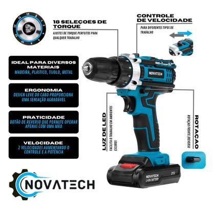 Parafusadeira Furadeira Sem Fio Bateria 21v E Kit 121 Peças