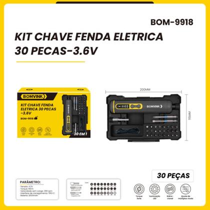 Imagem de Parafusadeira Recarregável 3.6V com Kit 30 Peças Bits Magnéticos USB BOM9918