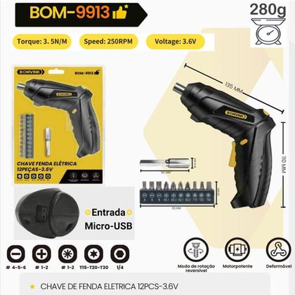 Imagem de Parafusadeira Recarregável 3.6V com LED, 10 Bits e Alongador BOM9913