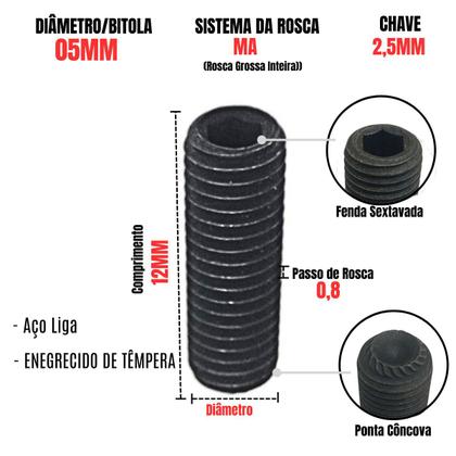 Imagem de Parafuso Allen Sem Cabeça M5 X 12mm Rosca Grossa MA 100 Un