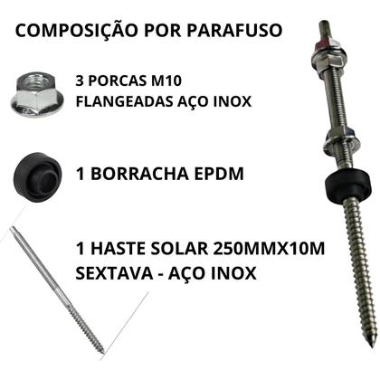 Imagem de Parafuso Rosca Dupla Prisioneiro Painel Solar M10 X 250 Haste solar em aço inox completo Estrutura para fixação kit 2 unidades