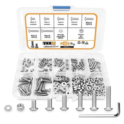 Imagem de Parafusos de Aço Inoxidável M3 com Cabeça Sextavada - Kit com 240 Peças (Parafusos, Arruelas e Porcas)