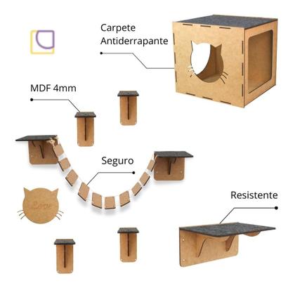Imagem de Parquinho De Gatos Kit 7 Peças Brinquedo Gato Pet Em Mdf Nicho Degraus Escadinha