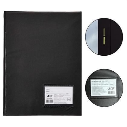 Imagem de Pasta Catálogo Preta Profissional Ofício com Divisórias Visor Frontal PVC para Escritório e Escolas
