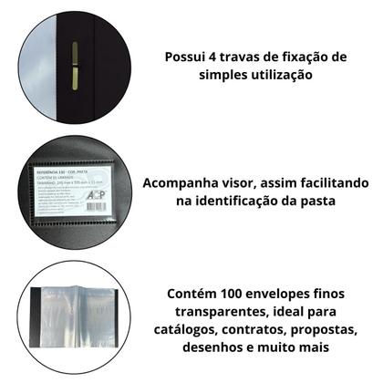 Imagem de Pasta Catálogo Preta Profissional Ofício com Divisórias Visor Frontal PVC para Escritório e Escolas