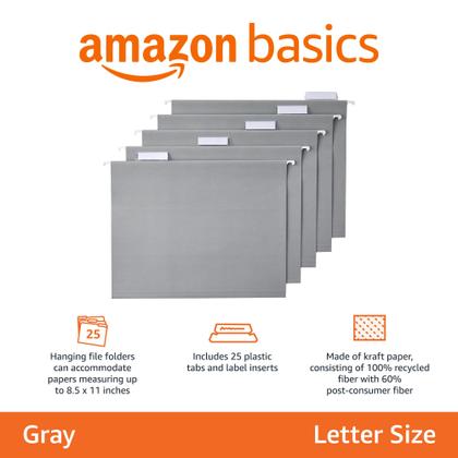 Imagem de Pastas de arquivos suspensas Amazon Basics, tamanho carta, cinza, pacote com 25