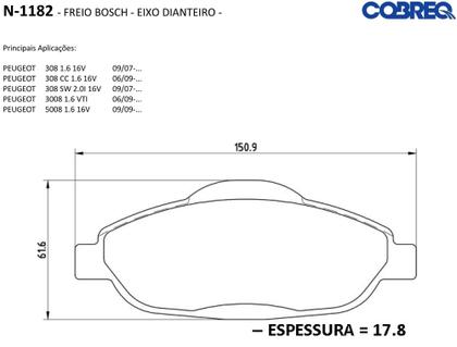 Imagem de Pastilhas de freio Dianteira 308 / 3008 / 5008 - Cobreq N-1182