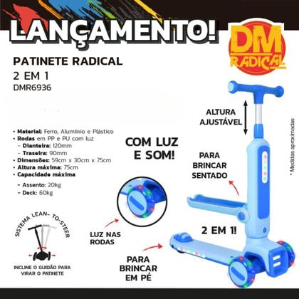 Imagem de Patinete 2 em 1 Radical Infantil 3 Rodas em Pé ou Sentado Com Luz Som DM Toys DMR6936 Azul