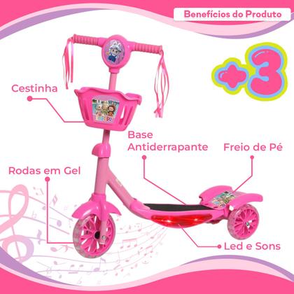 Imagem de Patinete Criança Rosa Dobrável 3 Rodinhas Música e Led