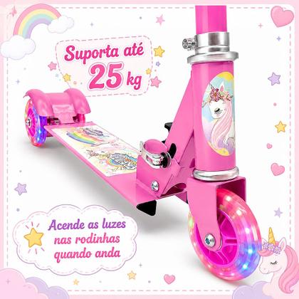 Imagem de Patinete de Metal Luzes nas 3 Rodas Ajuste Altura Meninas Unicórnio Rosa até 35kg