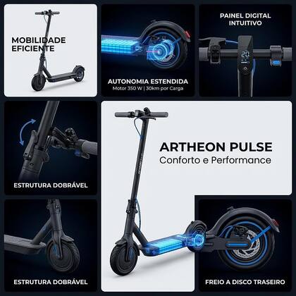 Imagem de Patinete Elétrico Artheon Pulse Original 30KM Autonomia Versão 2026 Atualizado até até 120KG 3 Modos de condução full Led Adulto e Infantil