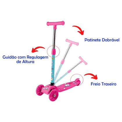 Imagem de Patinete Infantil 3 Rodas com Led Unicórnio Dobrável e Altura Ajustável Rosa