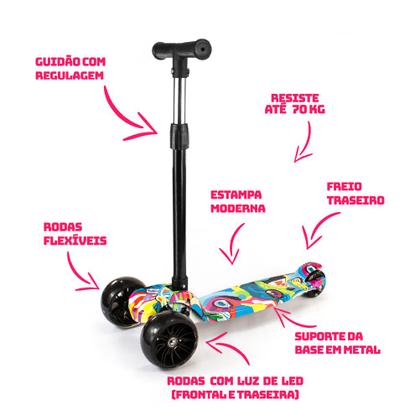 Imagem de Patinete Infantil 3 Rodas Dobrável Com Led Conect Brinq Bv0011 Brinquedo Para Crianças Estável, Seguro E Divertido Colorido