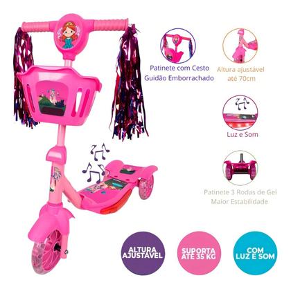 Imagem de Patinete Infantil 3 Rodas Musical Luzes E Cesto Cor Rosa Segma Toys