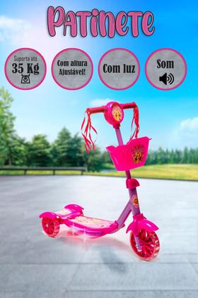 Imagem de Patinete Infantil de Princesa Rosa Cestinha Luz e Som Ajuste