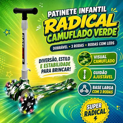 Imagem de Patinete Infantil Meninos Camuflado Verde 45kg Luzes 3 Rodas