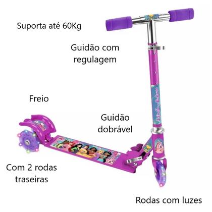 Imagem de Patinete Princesas 3 Rodas C/Led Até 60Kg Dobrável + Squeeze