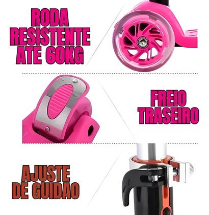 Imagem de Patinete radical Infantil 3 Rodas Com Luz Led Colorida cor rosa