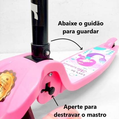 Imagem de Patinete Rosa Patinete Sereia 3 Rodinhas Luzes Ajuste Altura Retrátil até 35kg