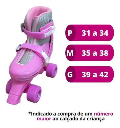 Imagem de Patins 4 Rodas Feminino Rosa Infantil Roller Ajustável 31 a 42 - P, M e G Importway