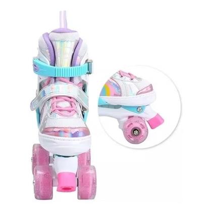 Imagem de Patins De 4 Rodas Menina Com Luz De Led Roxo Sereia Com Proteção