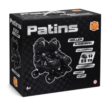 Imagem de Patins De 4 Rodas Preto Ajustável Menino Com Kit Proteção Completo Crianças E Adultos