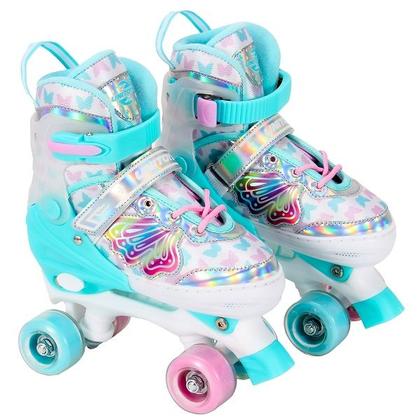 Imagem de Patins Feminino Roller Infantil Azul Borboleta KIT Proteção Unitoys TAM 34-37