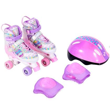 Imagem de Patins Feminino Roller Infantil Rosa Borboleta KIT Proteção Unitoys TAM 34-37