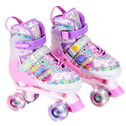 Imagem de Patins Feminino Roller Infantil Rosa Borboleta KIT Proteção Unitoys TAM 34-37