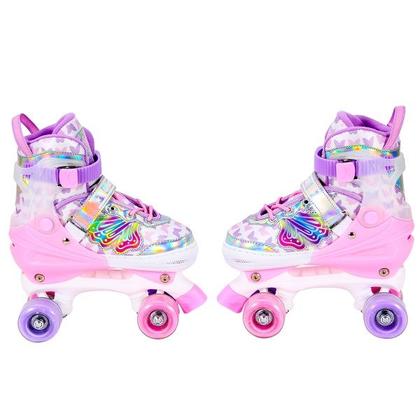 Imagem de Patins Feminino Roller Infantil Rosa Borboleta KIT Proteção Unitoys TAM 34-37
