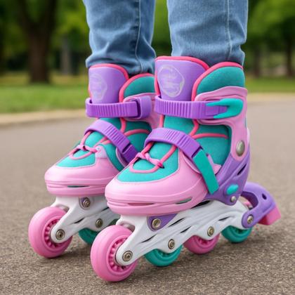 Imagem de Patins Infantil 2 em 1 Unitoys Rosa e Verde Água para Meninas com Rodas Inline e Quad Ajustável com Kit de Proteção Incluso