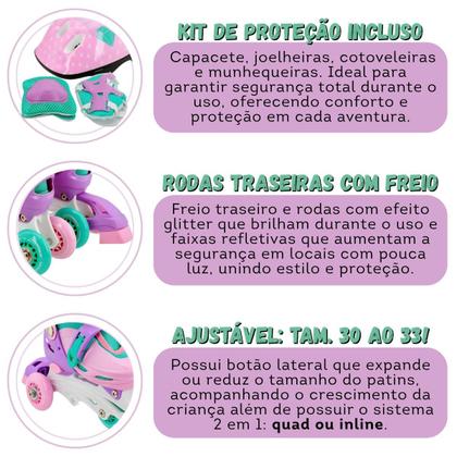 Imagem de Patins Infantil 2 em 1 Unitoys Rosa e Verde Água para Meninas com Rodas Inline e Quad Ajustável com Kit de Proteção Incluso