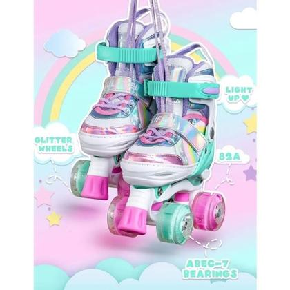 Imagem de Patins Infantil 4 Rodas ARCO IRIS Com Led Com Kit Proteção Menina Menino 