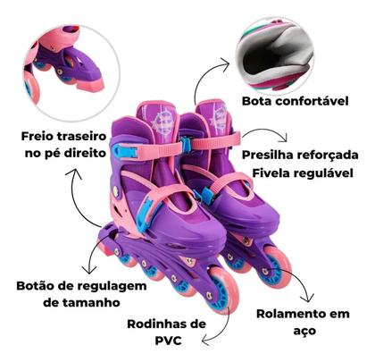 Imagem de Patins Infantil Com Kit De Proteção Roxo Tamanho Ajustável 30 ao 33