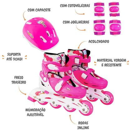 Imagem de Patins Infantil Roller Inline 4 Rodas Ajustável 90kg ABEC7 com Kit de Proteção Freio Traseiro e Bota Confortável