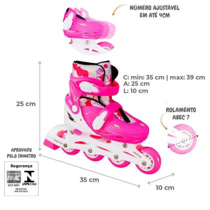 Imagem de Patins Infantil Roller Inline 4 Rodas Ajustável 90kg ABEC7 com Kit de Proteção Freio Traseiro e Bota Confortável