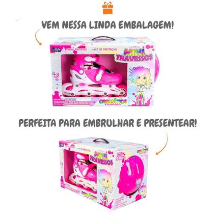 Imagem de Patins Infantil Roller Inline 4 Rodas Ajustável 90kg ABEC7 com Kit de Proteção Freio Traseiro e Bota Confortável