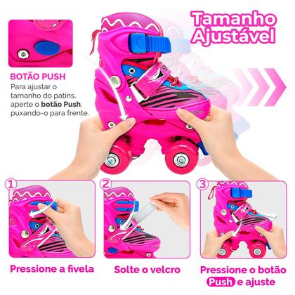 Imagem de Patins Infantil Roller Quad 4 Rodas Ajustável + Kit Proteção